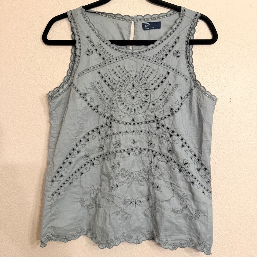 Gap Womens Grey Blue Eyelet Scalloped Embroidered Sleeveless Top M 180183-05